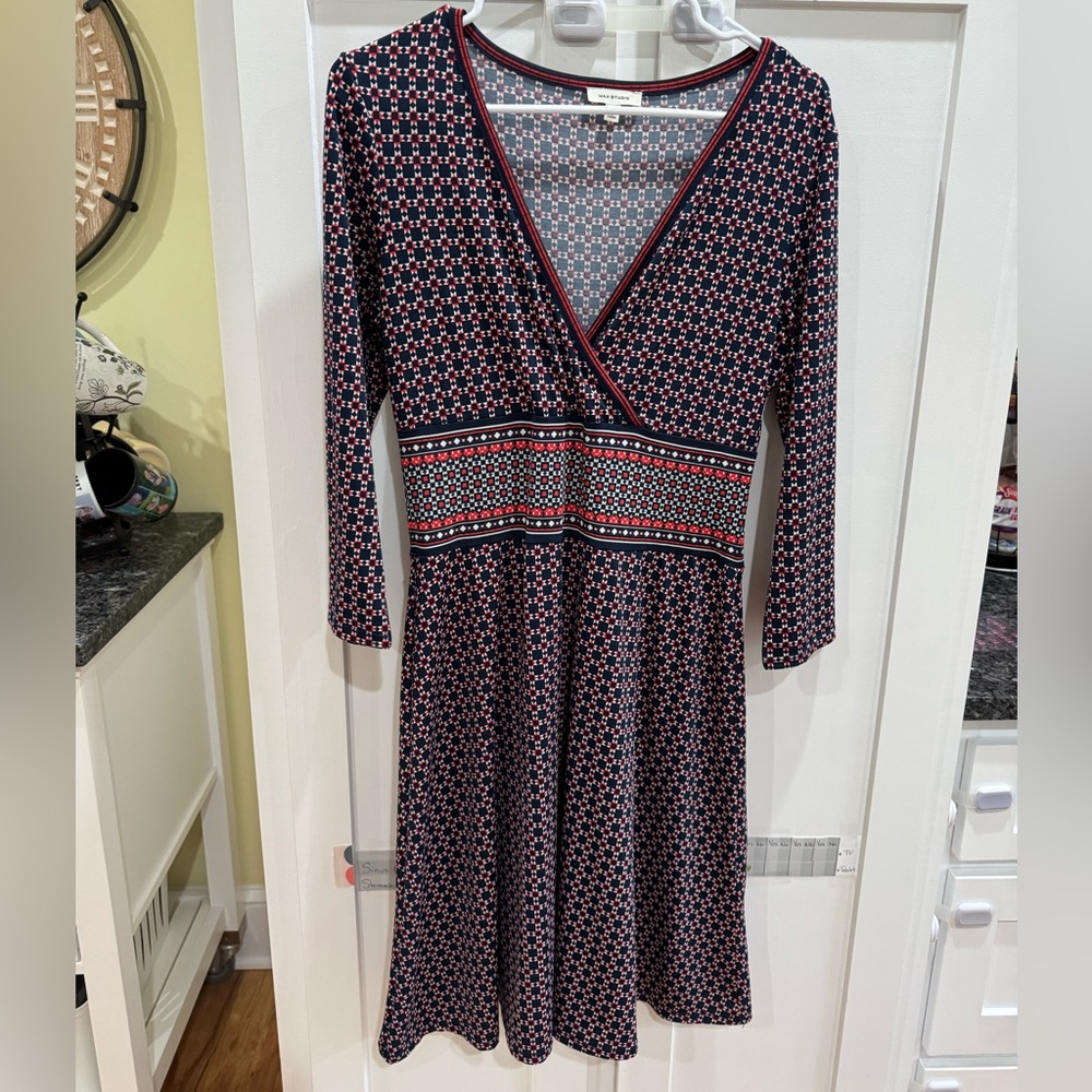 Max Studio Navy and Red Geometric Wrap Dress